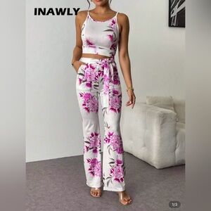 SHEIN Floral Wide Leg Pants & Top Set - Pink and White
